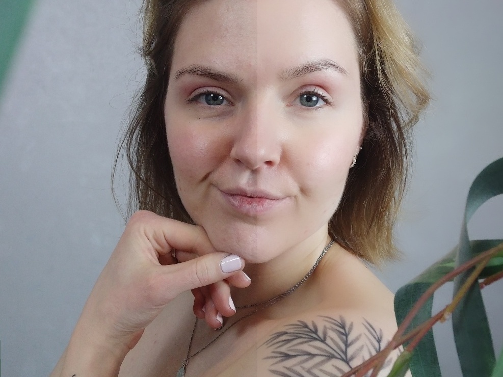 Portrait photo with half unedited and the other half using a skin smoothing filter